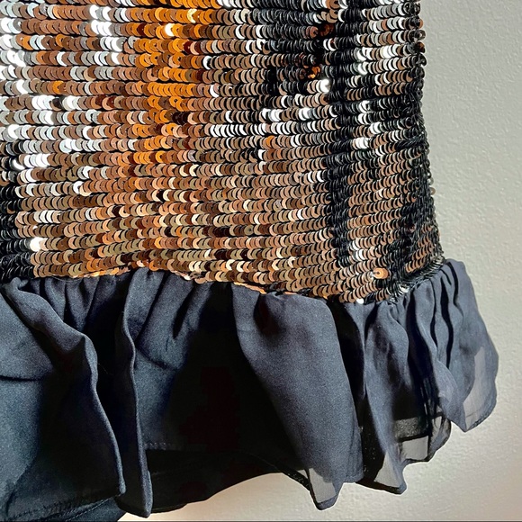 NWT (2/4/6/8/12)French Connection metallic sequin mini ruffle antique gold black - Picture 8 of 17